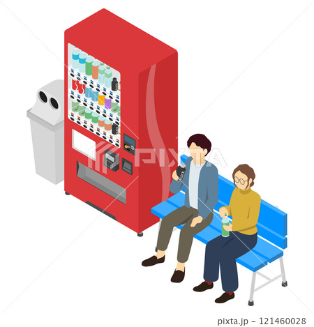 アイソメトリックイラスト：自動販売機とベンチで飲み物を飲む人 121460028