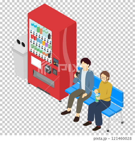 アイソメトリックイラスト：自動販売機とベンチで飲み物を飲む人 121460028