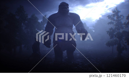 Big ugly scary troll, goblin walk in night fog forest. Horror mistyc concept. 3d rendering. 121460170