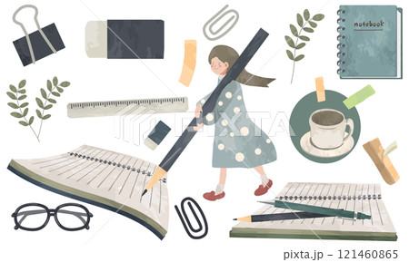 水彩で描いたかわいい文房具の素材セット 121460865