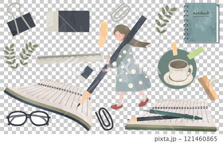 水彩で描いたかわいい文房具の素材セット 121460865