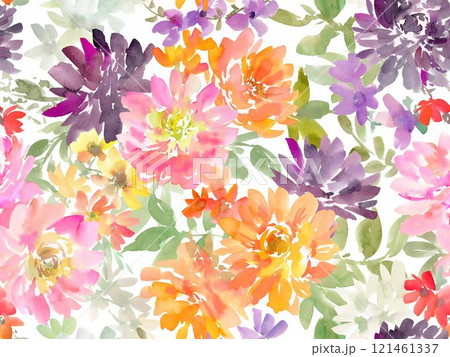 水彩で描いた抽象的なダリアと草花のシームレスパターン 121461337