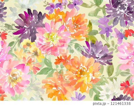 水彩で描いた抽象的なダリアと草花のシームレスパターン 121461338
