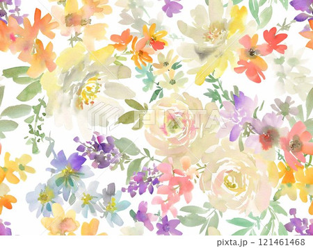 水彩で描いた抽象的な白いバラと芍薬、草花のシームレスパターン 水彩で描いた抽象的な白いバラと芍薬、草花のシームレスパターン 121461468