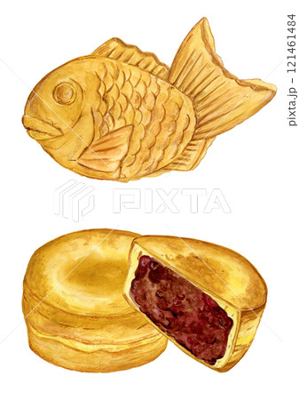 手描き水彩の美味しそうなたい焼きと今川焼きのセットイラスト 121461484
