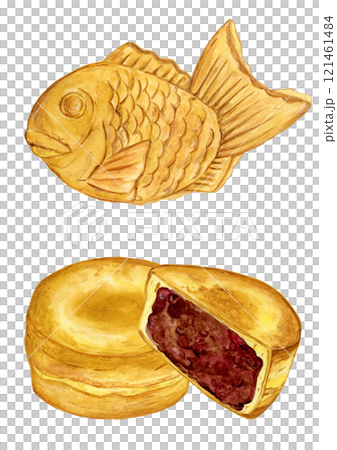 手描き水彩の美味しそうなたい焼きと今川焼きのセットイラスト 121461484