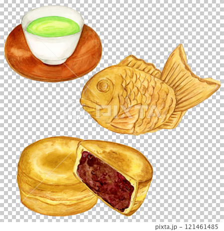 手描き水彩の美味しそうなたい焼き、今川焼き、緑茶のセットイラスト 121461485