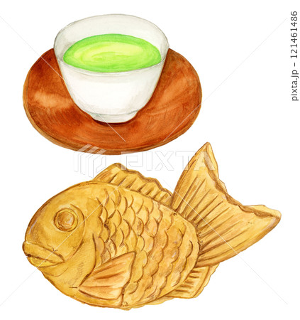 手描き水彩の美味しそうなたい焼きと緑茶のセットイラスト 121461486