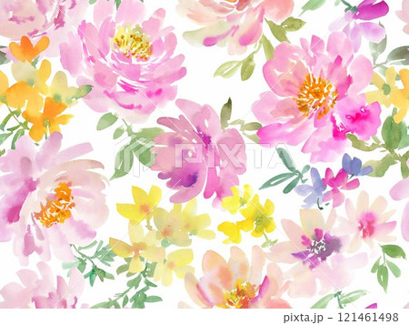 水彩で描いた抽象的なピンクの芍薬と草花のシームレスパターン 水彩で描いた抽象的なピンクの芍薬と草花のシームレスパターン 121461498