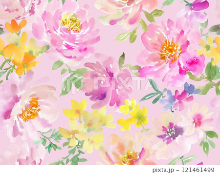 水彩で描いた抽象的なピンクの芍薬と草花のシームレスパターン 121461499