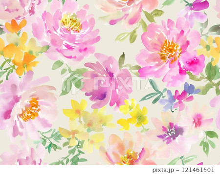 水彩で描いた抽象的なピンクの芍薬と草花のシームレスパターン 121461501