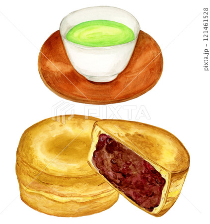 手描き水彩の美味しそうな今川焼きと緑茶のセットイラスト 121461528