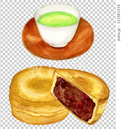 手描き水彩の美味しそうな今川焼きと緑茶のセットイラスト 121461528