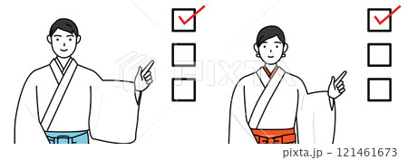 チェックリストを指さす神社の神主と巫女 チェックリストを指さす神社の神主と巫女 121461673