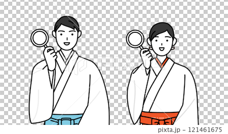 A shrine priest and shrine maiden holding a magnifying glass and putting their hands on their hips 121461675