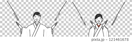 神社的神官和巫女用手摀著嘴邀請人們進來。 121461678