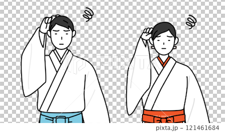 A shrine priest and shrine maiden scratching their heads in frustration 121461684
