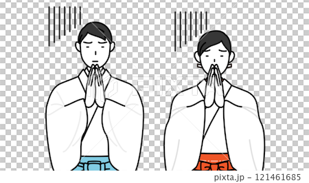 神官和巫女雙手合十在身前道歉 121461685