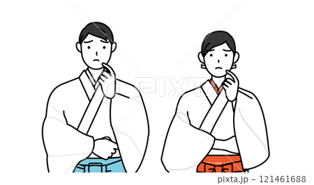 顔に手を当てて考える神社の神主と巫女 121461688