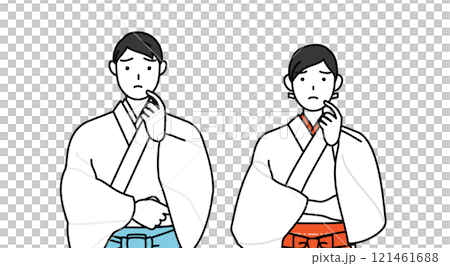 顔に手を当てて考える神社の神主と巫女 121461688