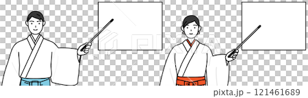 神社祭司和巫女用指點棒指著白板 神社祭司和巫女用指點棒指著白板 121461689