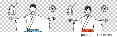 A shrine priest and shrine maiden giving a guide to the image of DX and improving business performance and sales 121461691