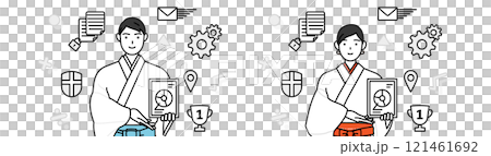 DXのイメージ、デジタル技術を利用して業務改善を行う神社の神主と巫女 DXのイメージ、デジタル技術を利用して業務改善を行う神社の神主と巫女 121461692