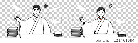 片付かない業務にうんざりする神社の神主と巫女 121461694