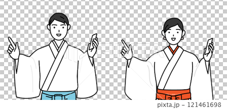 電話をしながら指さしをする神社の神主と巫女 121461698