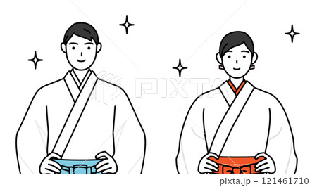 両手を腰に当てた神社の神主と巫女 121461710