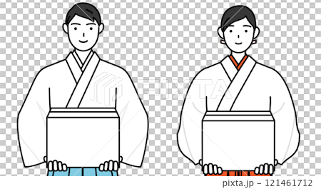 A shrine priest and shrine maiden working to carry cardboard boxes 121461712
