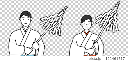 A priest and a shrine maiden offering a prayer 121461717