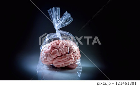 Translucent bag with a brain inside laying on dark background 121461881
