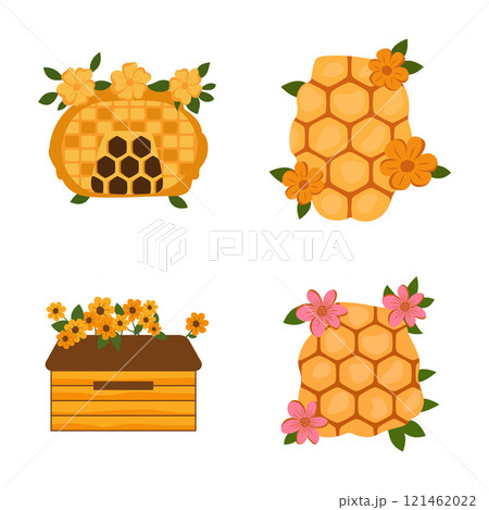 Elements Set of Yellow Honeycomb Honey Bee Home House with Flower Floral Plant Elements Set of Yellow Honeycomb Honey Bee Home House with Flower Floral Plant 121462022