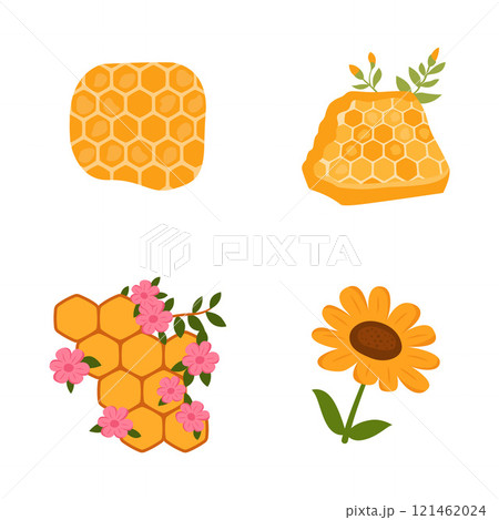 Elements Set of Yellow Honeycomb Honeybee Bee with Flower Plant 121462024