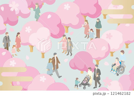 フレーム アイソメトリック 人物 家族 子供 春 お花見 さくら 桜 背景 イラスト素材 フレーム アイソメトリック 人物 家族 子供 春 お花見 さくら 桜 背景 イラスト素材 121462182
