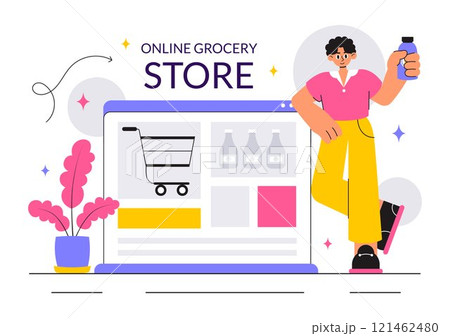 Online Grocery Store Vector Illustration Featuring Food Product Shelves, Racks with Dairy, Fruits, and Drinks for Shopping Orders via Telephone 121462480