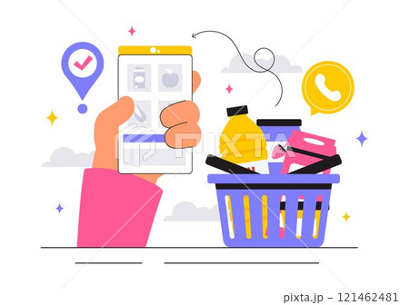 Online Grocery Store Vector Illustration Featuring Food Product Shelves, Racks with Dairy, Fruits, and Drinks for Shopping Orders via Telephone 121462481