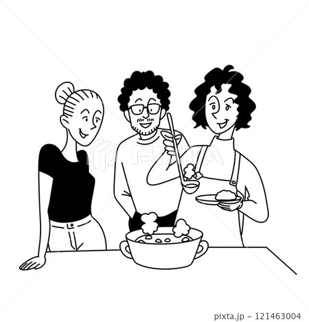 楽しくおしゃべりする人たちの線画イラスト 121463004