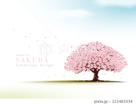 青空広がる草原の上に立つ桜の風景のリアルイラスト|春の桜の景色 青空広がる草原の上に立つ桜の風景のリアルイラスト|春の桜の景色 121463334