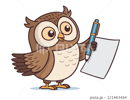 Cartoon cute Owl holding a pen and white sheet Cartoon cute Owl holding a pen and white sheet 121463484