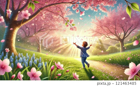 両手を広げて桜の下ではしゃぐ子供 両手を広げて桜の下ではしゃぐ子供 121463485