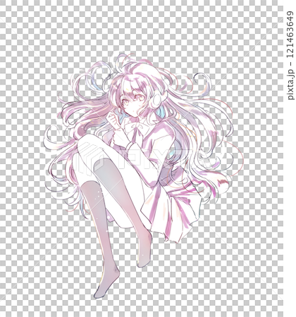 Female student lying down with headphones on - Line drawing Female student lying down with headphones on - Line drawing 121463649