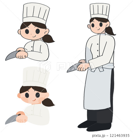 女性料理人が笑顔で包丁を使うシンプルなカラーイラストセット 121463935