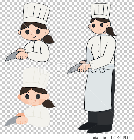 女性料理人が笑顔で包丁を使うシンプルなカラーイラストセット 121463935