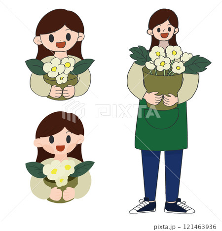 花屋で働く女性が笑顔で花を持つシンプルなカラーイラストセット 121463936