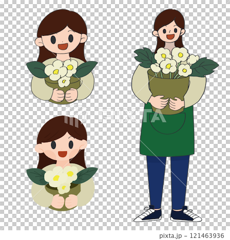 花屋で働く女性が笑顔で花を持つシンプルなカラーイラストセット 121463936