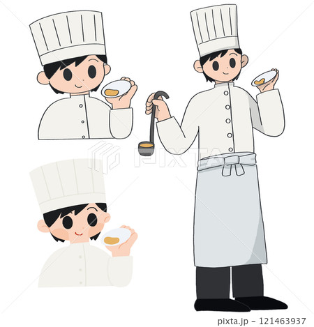 男性料理人が笑顔で味見をしているシンプルなカラーイラストセット 121463937
