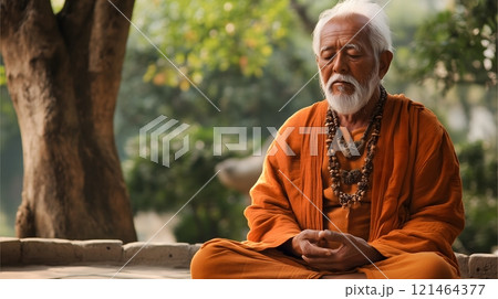 Wise Elder Meditating Outdoors Under a Tree in Tranquility 121464377