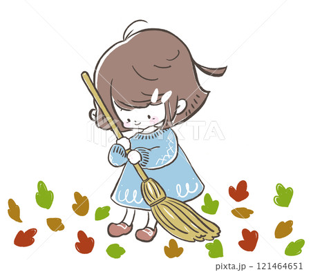 ほうきで落ち葉を掃く水色ワンピースの女の子 121464651